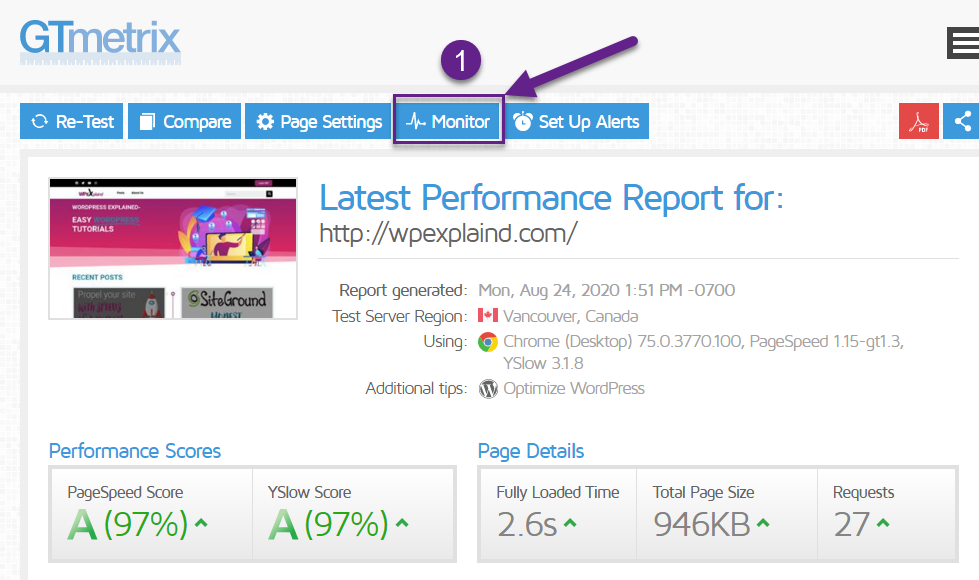 GT Metrix performance monitoring step 1