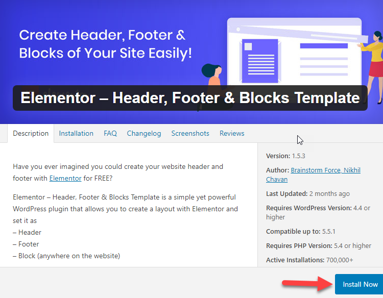 Elementor header footer and blocks plugin by Brainstorm Force