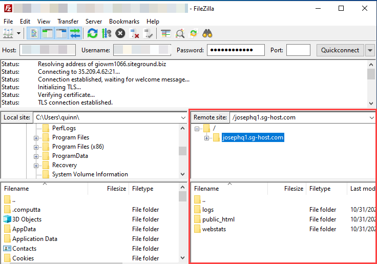 ftp connection using filezilla is successful
