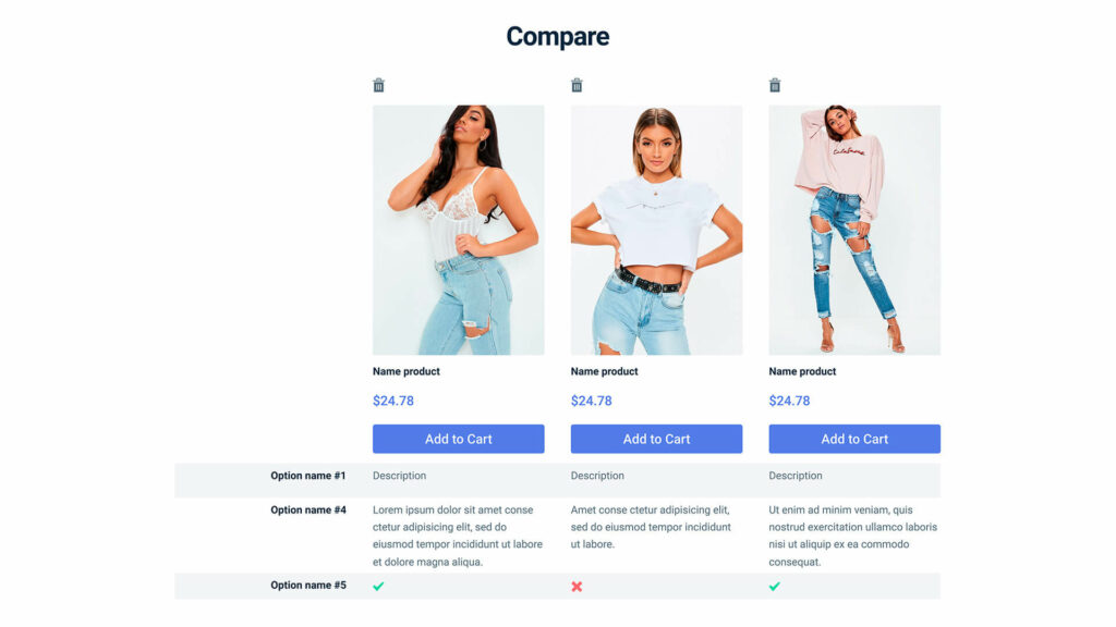 Jet Compare and Wishlist example product comparison