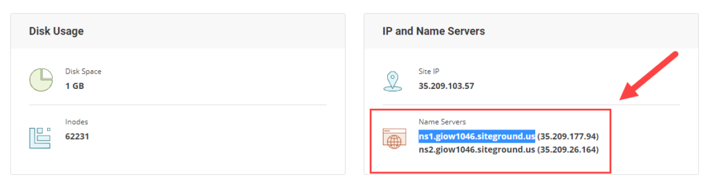 IP and nameservers in Siteground