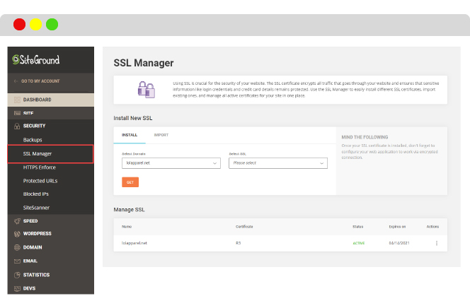 manage your SSL certificates in Siteground