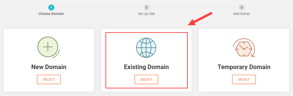 choosing your domain in Siteground- new , existing, or temporary