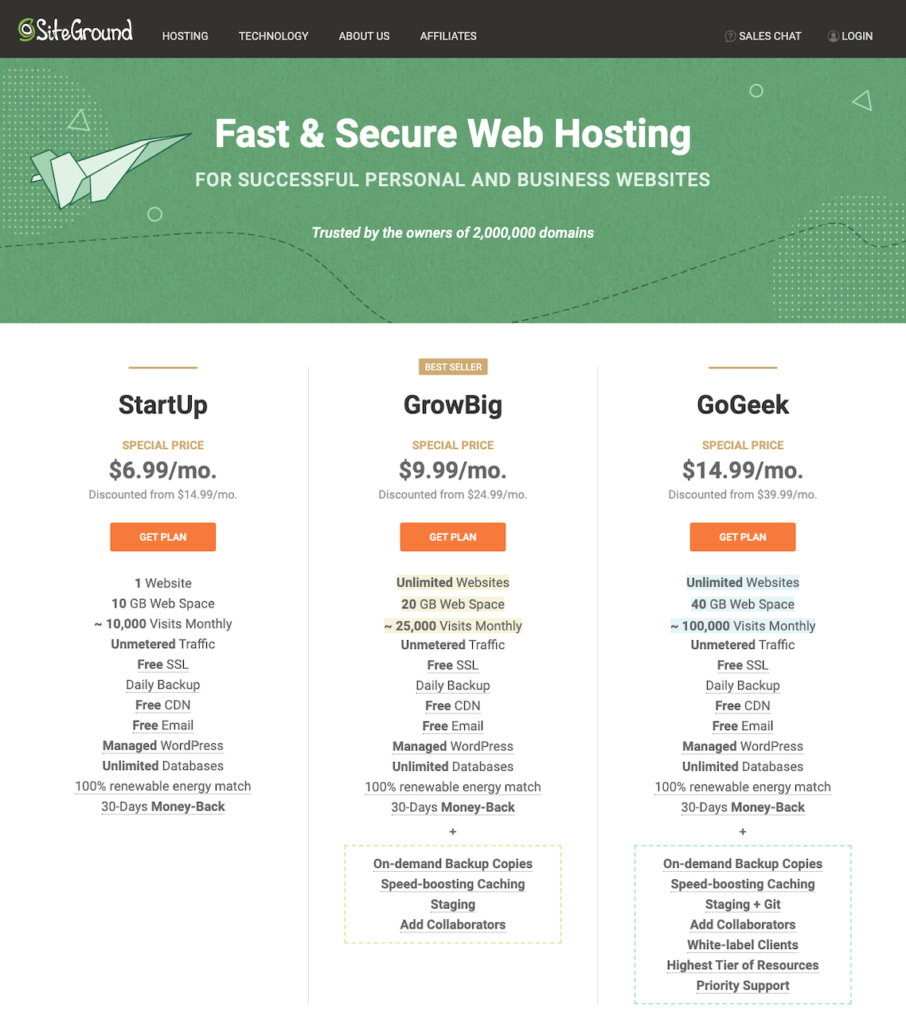 Siteground offers 3 hosting plans