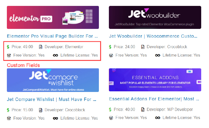 listing grid with custom fields created with jet engine plugin