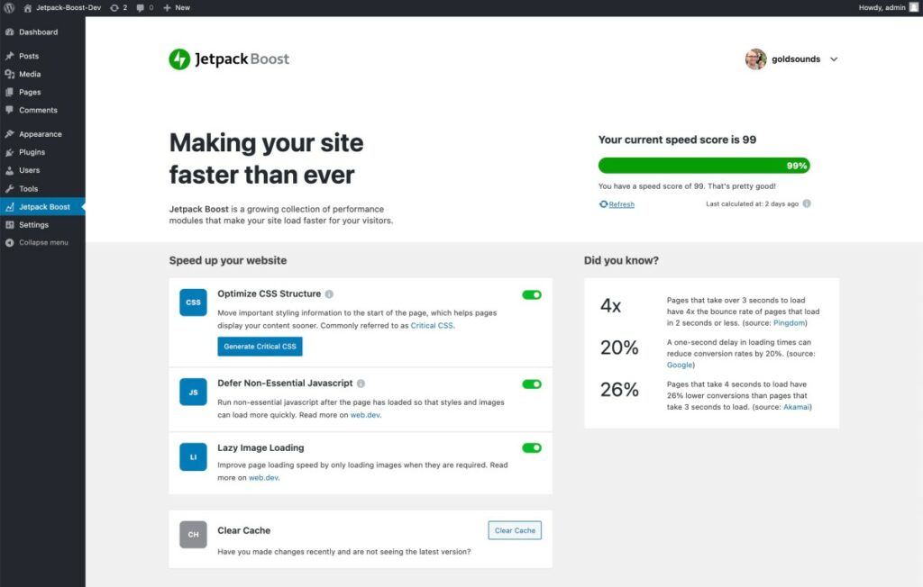 Jetpack Boost settings page with 3 modules